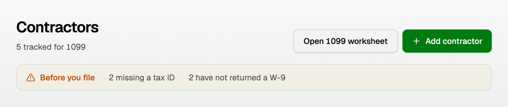 The Contractors page showing how many are tracked for 1099 and how many are missing a W-9