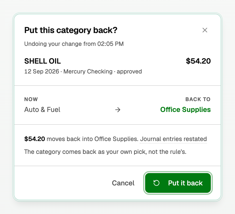 Undo on approved SHELL OIL: Now Auto & Fuel, Back to Office Supplies, $54.20 moving