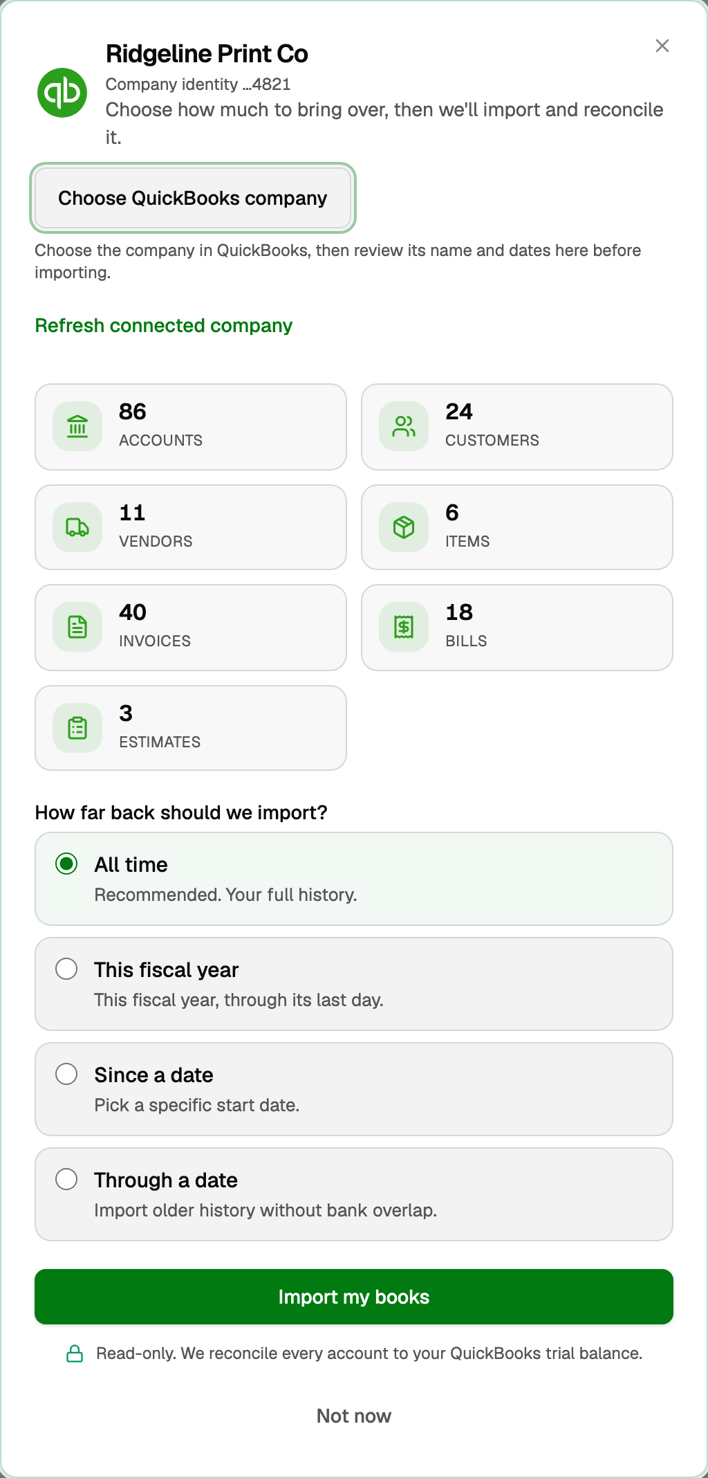 The import window with How far back should we import?
