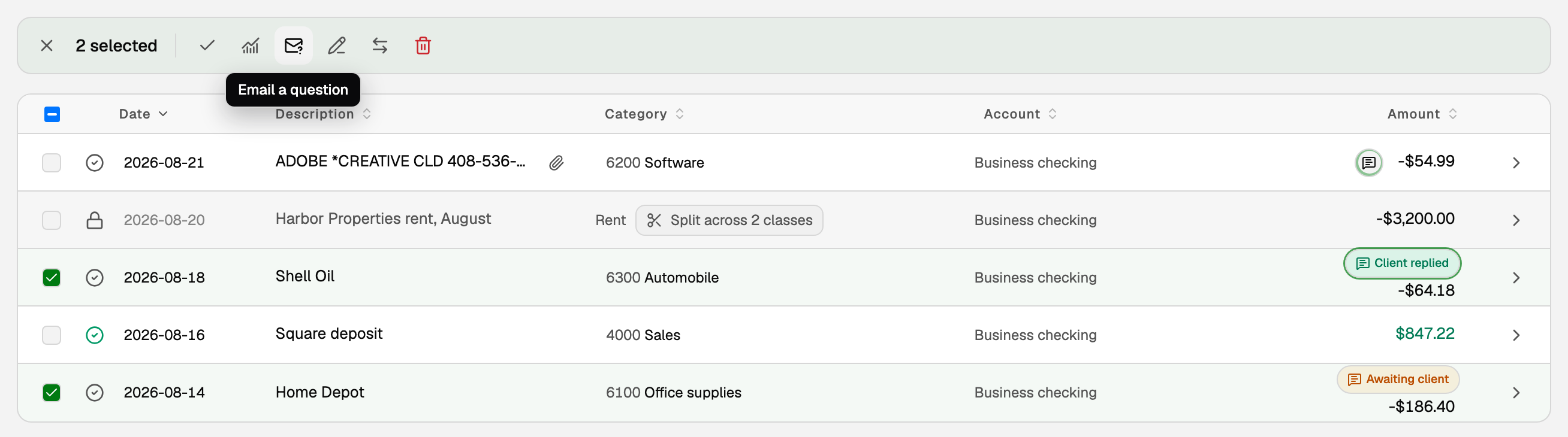 Two transactions ticked, with the Email a question icon named in its tooltip above the register