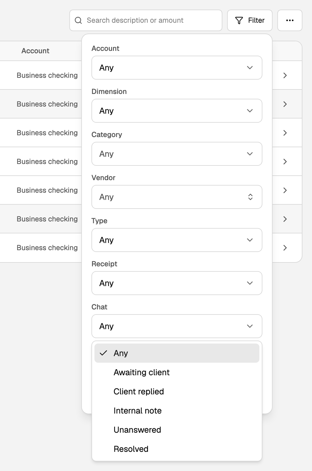 The Filter panel with the Chat list open