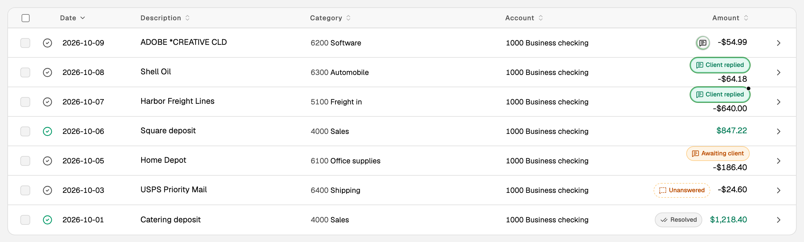 The Transactions register with Chat chips beside the amounts