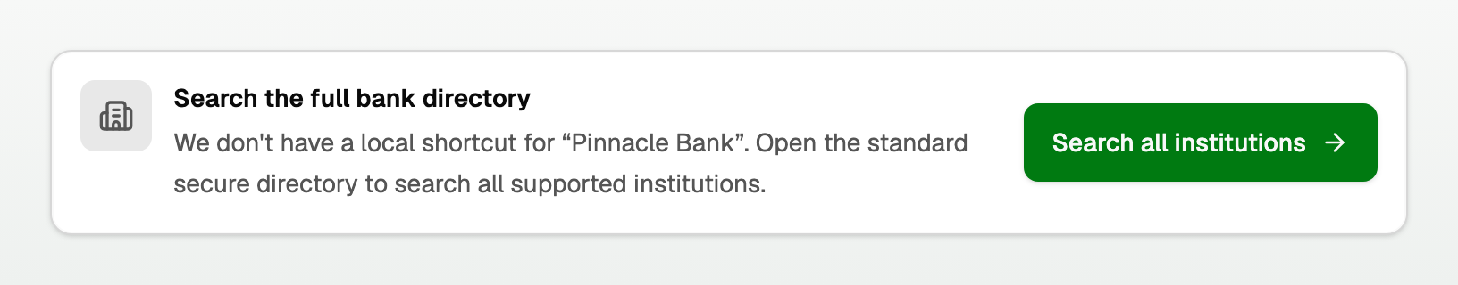 The full bank directory prompt shown when a search has no local shortcut
