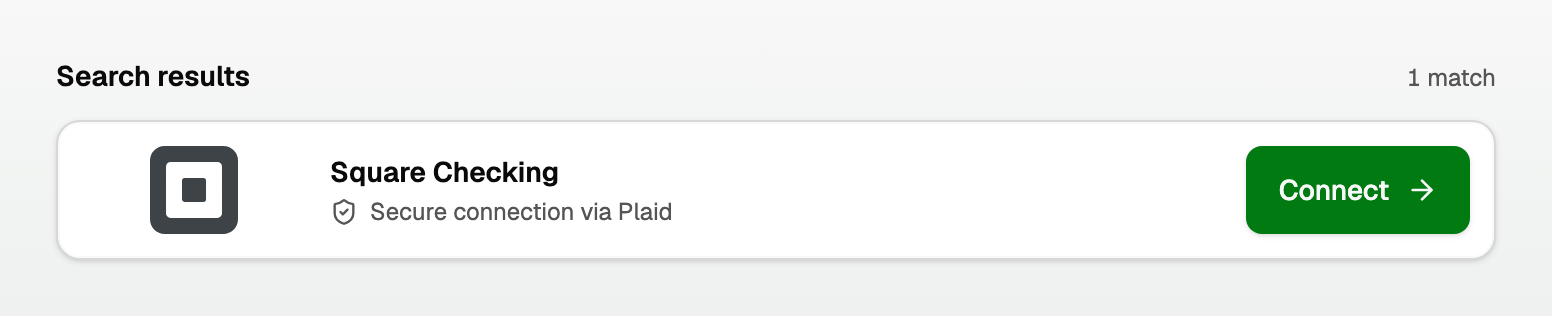 A search result showing Secure connection via Plaid with a Connect button