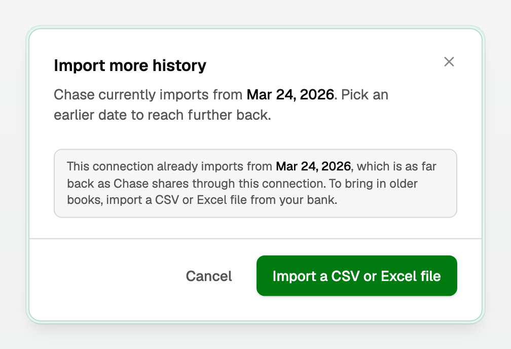 The Import more history window when the connection is already at the bank's limit, offering Import a CSV or Excel file