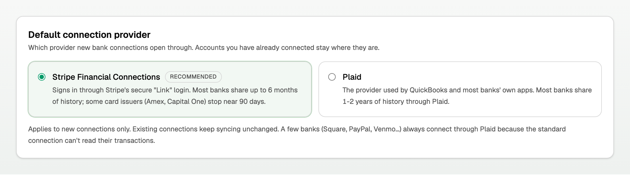 The Default connection provider card, with Stripe Financial Connections marked Recommended and Plaid beside it