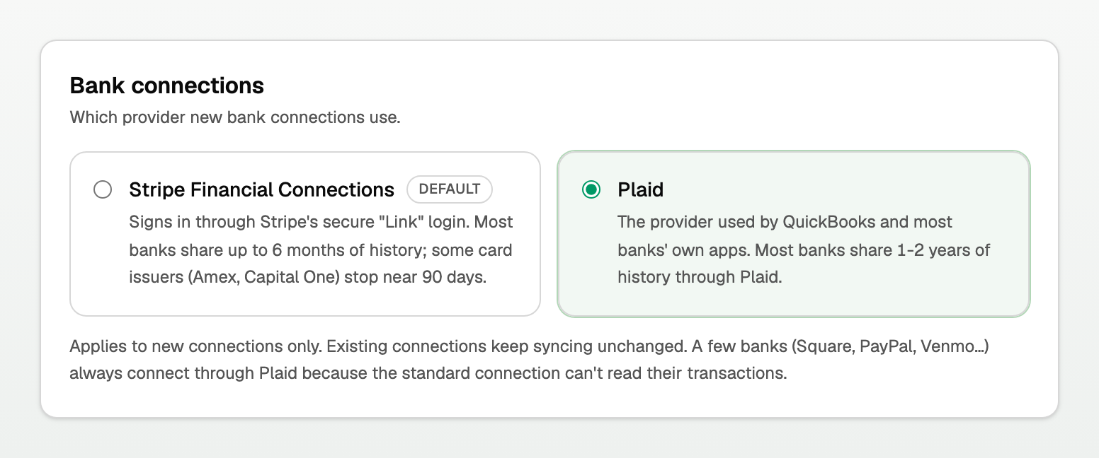 The Bank connections section in Settings, with Stripe Financial Connections and Plaid side by side