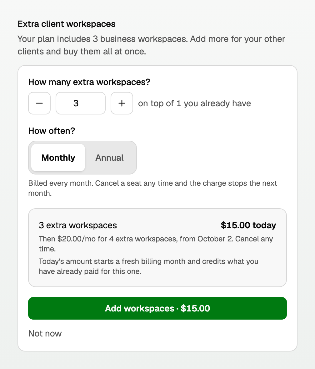 Add workspaces panel with $15.00 today and an enabled Add workspaces button