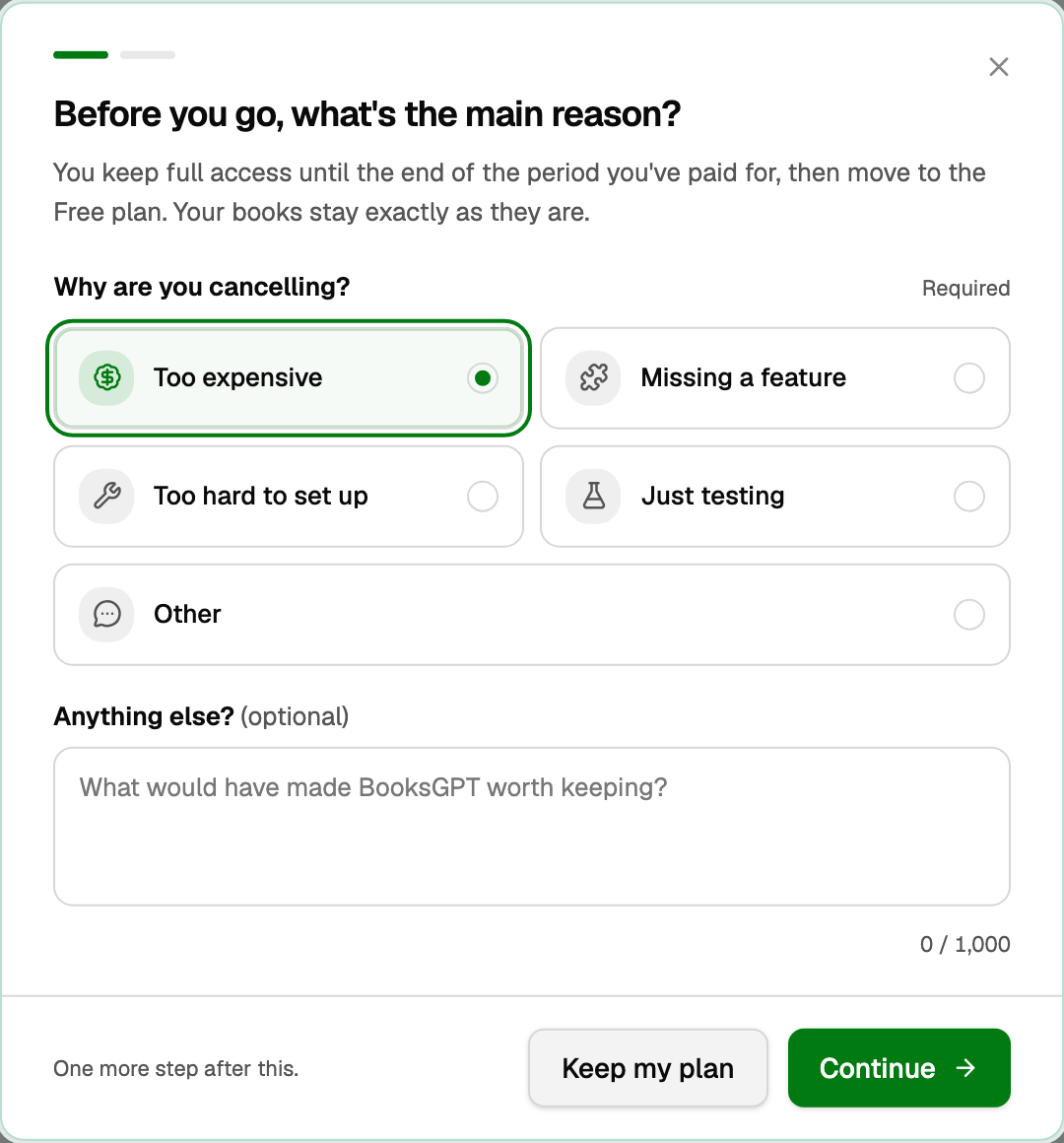 Cancel dialog on a monthly plan, with Too expensive chosen