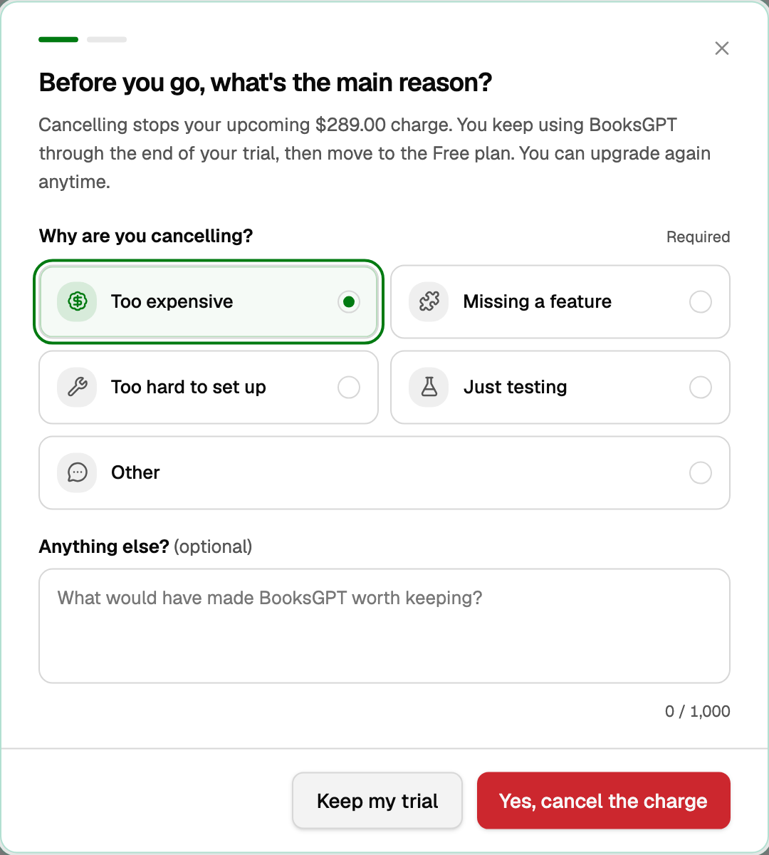 Cancel dialog on a card trial, with Too expensive chosen
