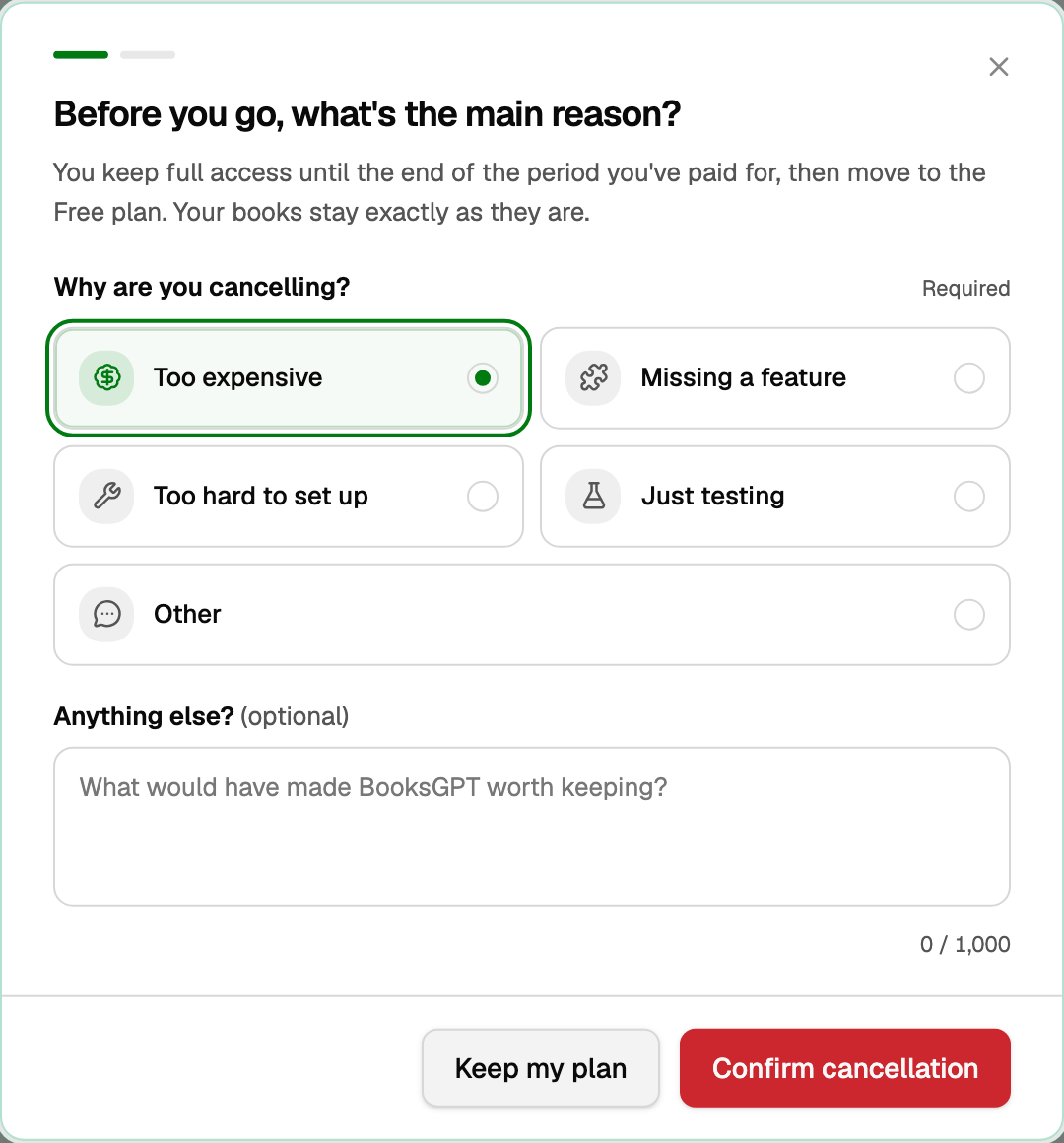 Cancel dialog on a yearly plan, with Too expensive chosen
