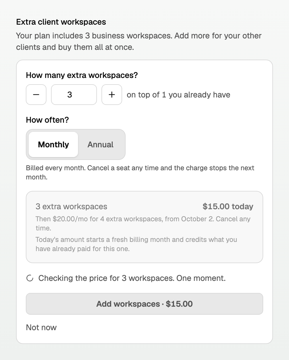 The quote dimmed, Checking the price for 3 workspaces, and a grey Add workspaces button