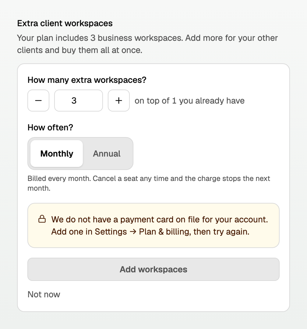 Amber lock: no payment card on file, pointing at Settings then Plan and billing