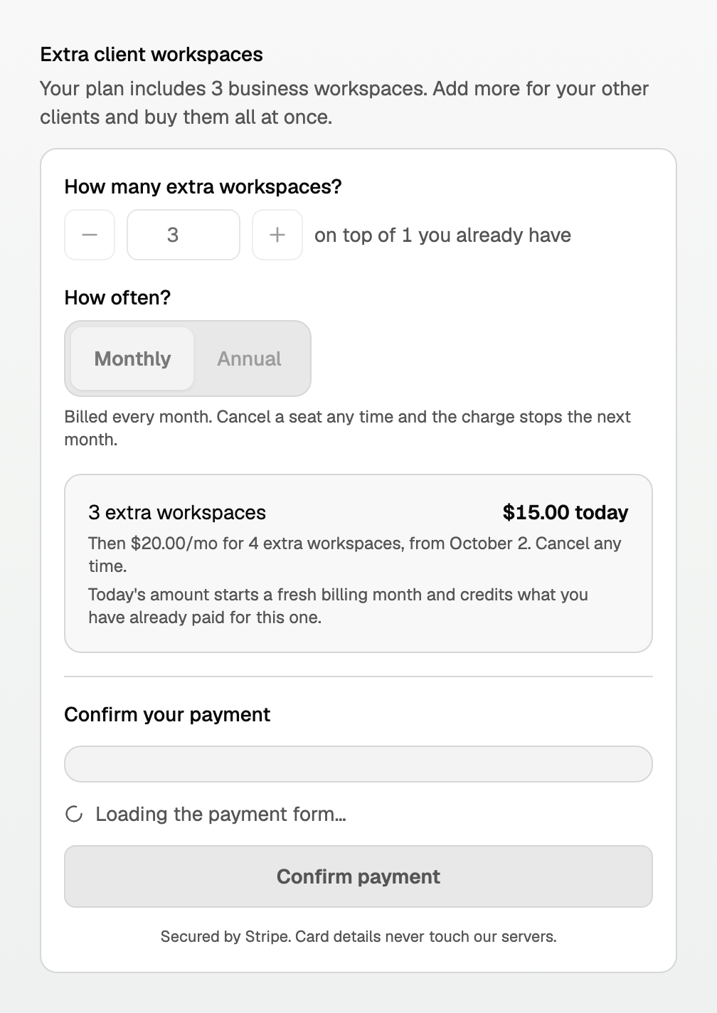 Confirm payment disabled, with Loading the payment form