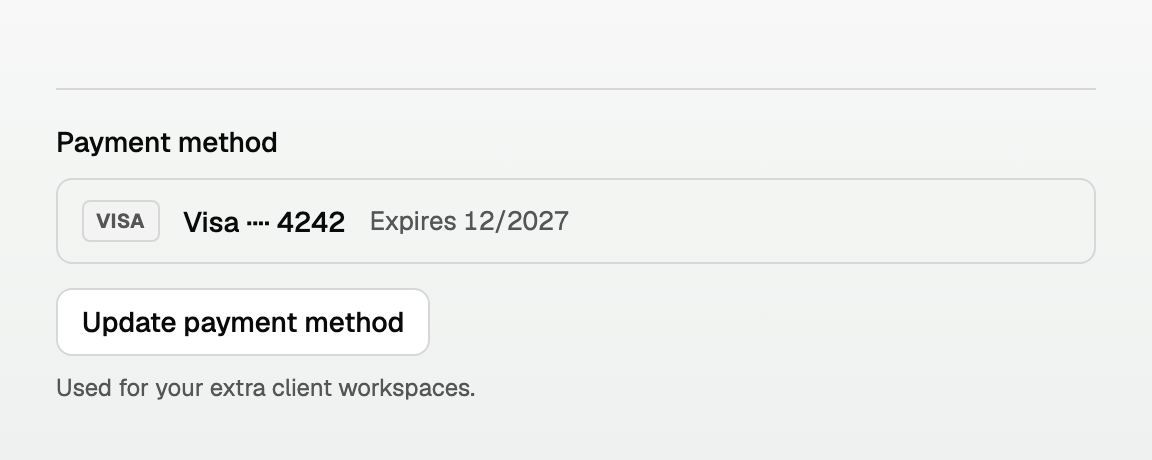 Visa on file, Update payment method, used for extra client workspaces