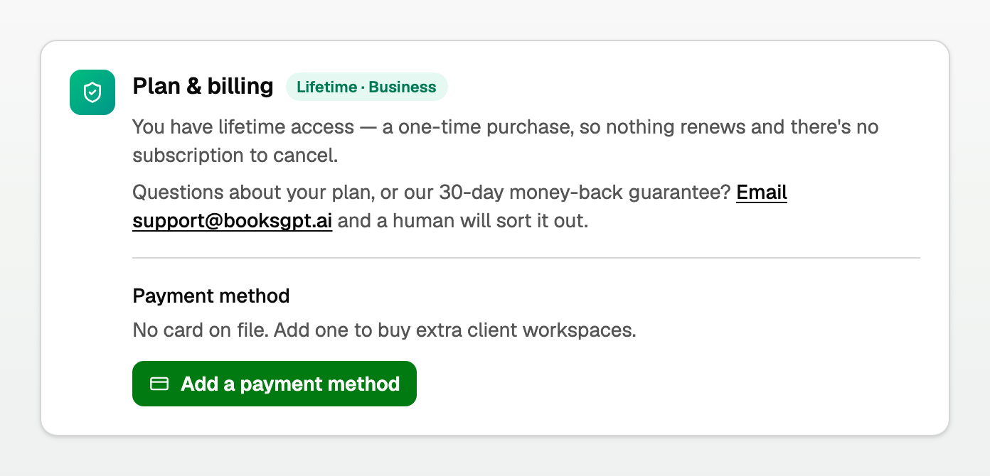 Plan and billing with no card on file, and Add a payment method