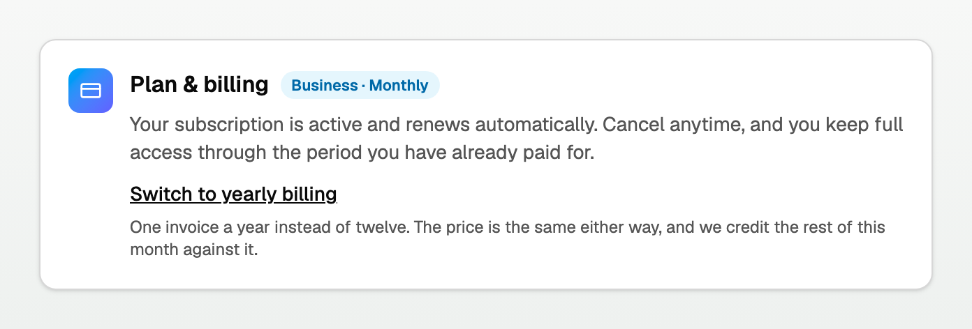 Plan and billing with Switch to yearly billing