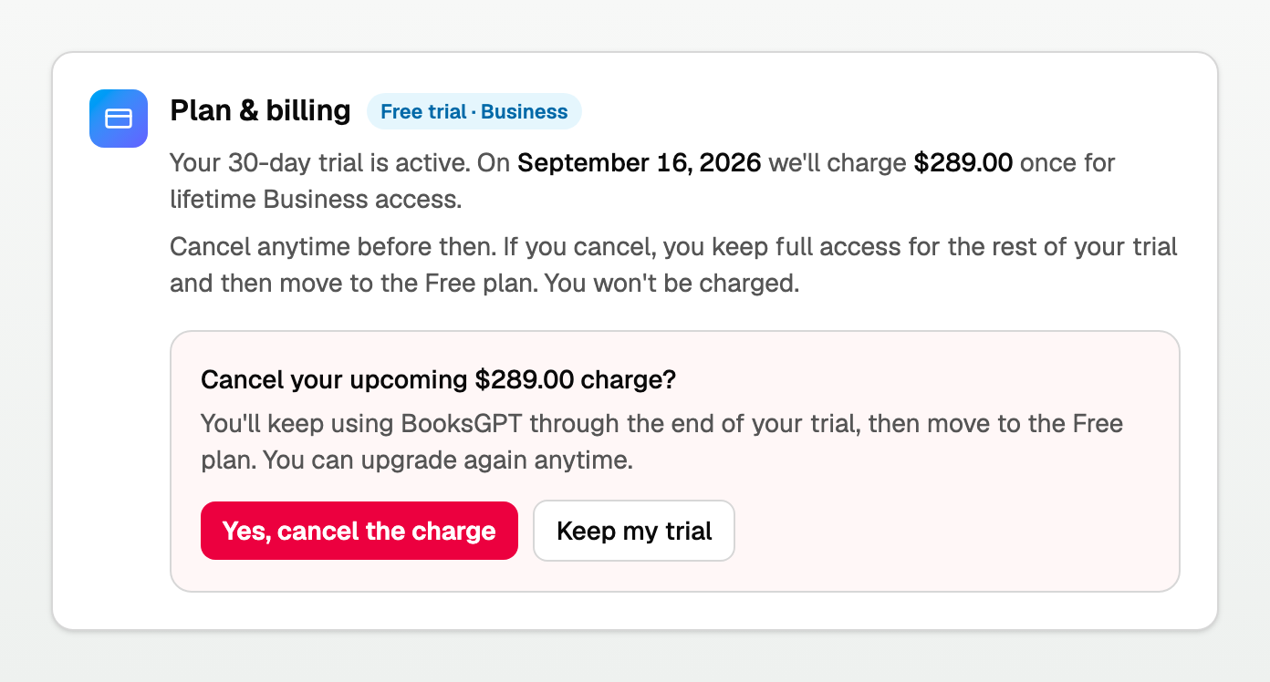 Cancel trial and stop the upcoming charge