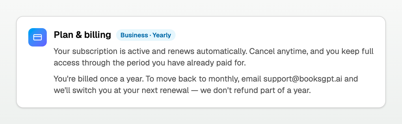 Plan and billing on yearly, pointing to support@booksgpt.ai