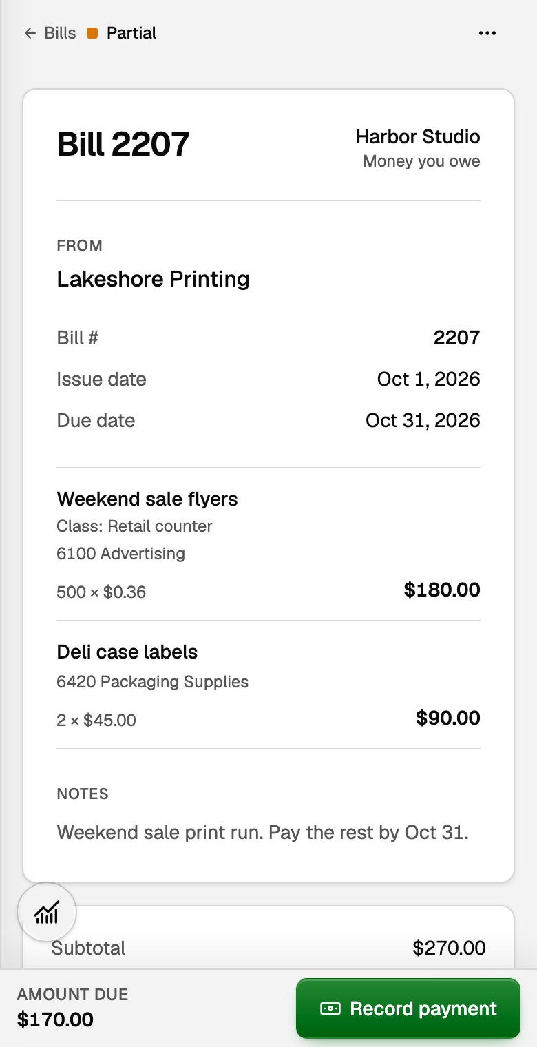 The same bill on a phone, with Amount due $170.00 and Record payment in the bar at the bottom