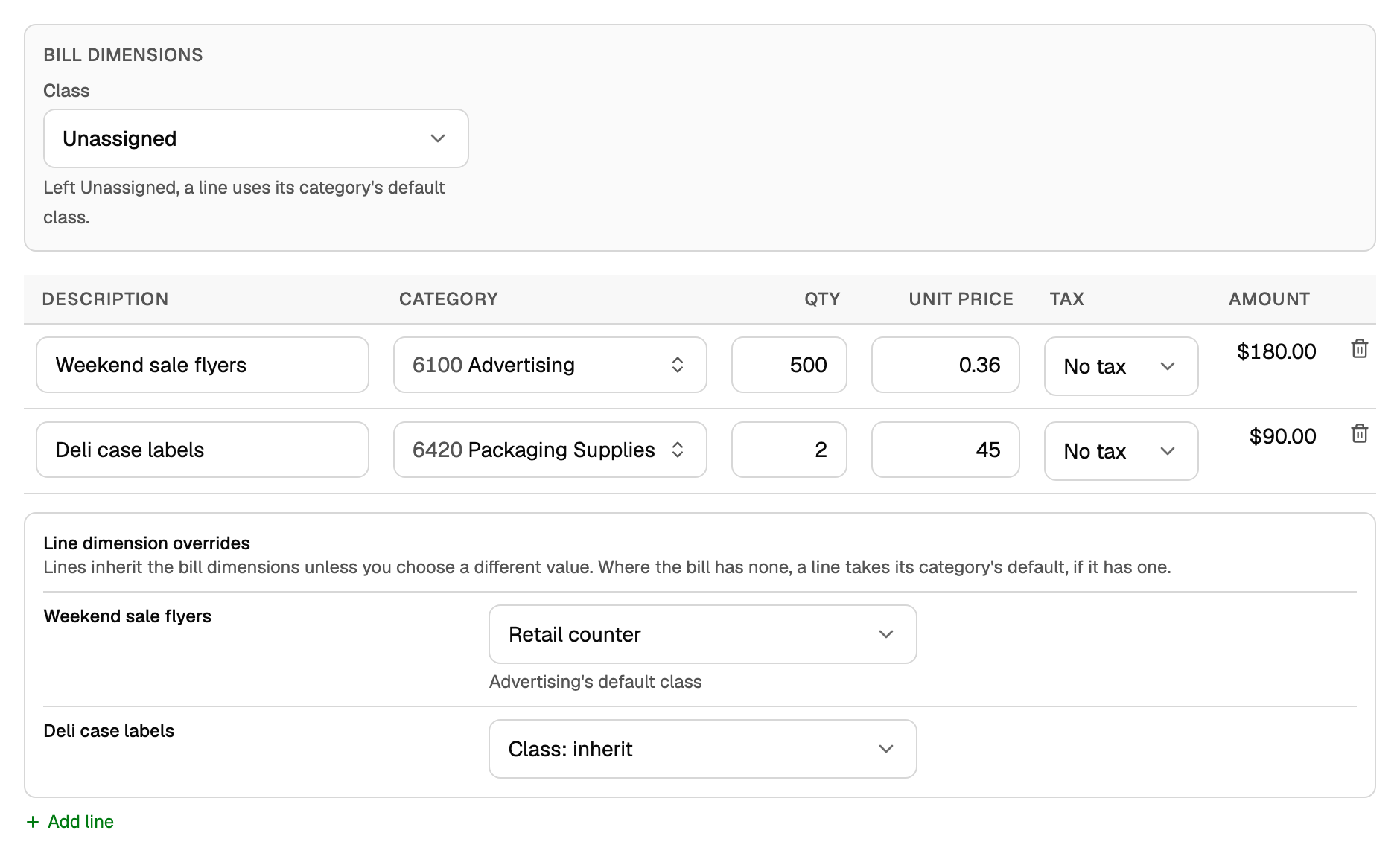 A new bill with Class left Unassigned. The Advertising line takes Retail counter, captioned Advertising's default class; the Packaging Supplies line inherits