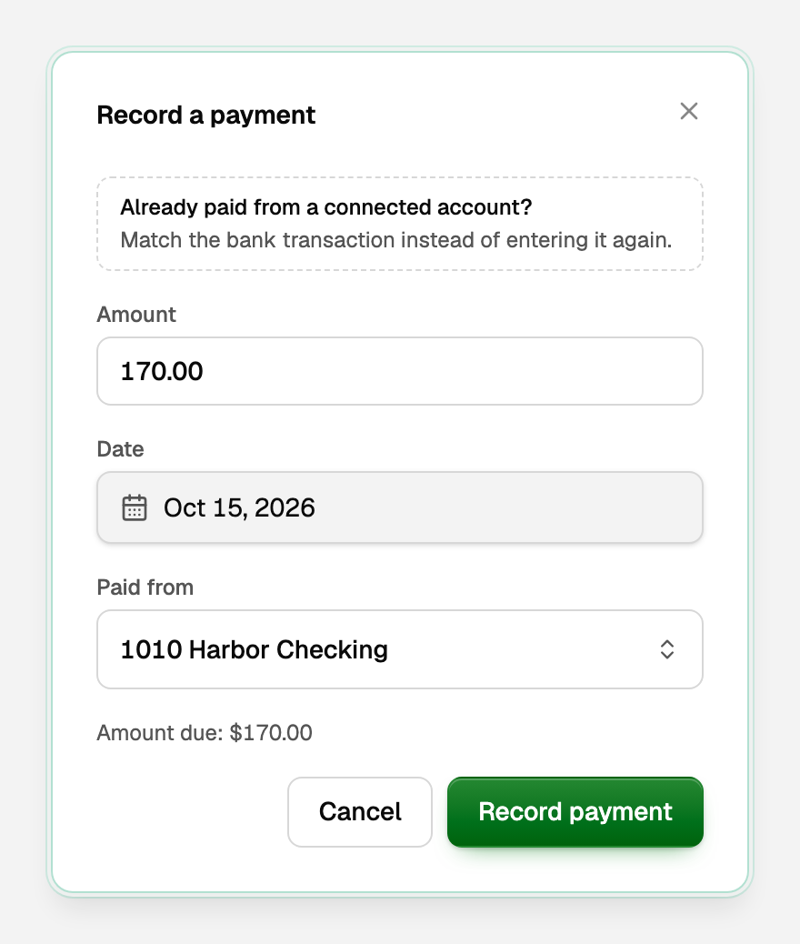 The Record a payment dialog, with Already paid from a connected account above Amount, Date, and Paid from