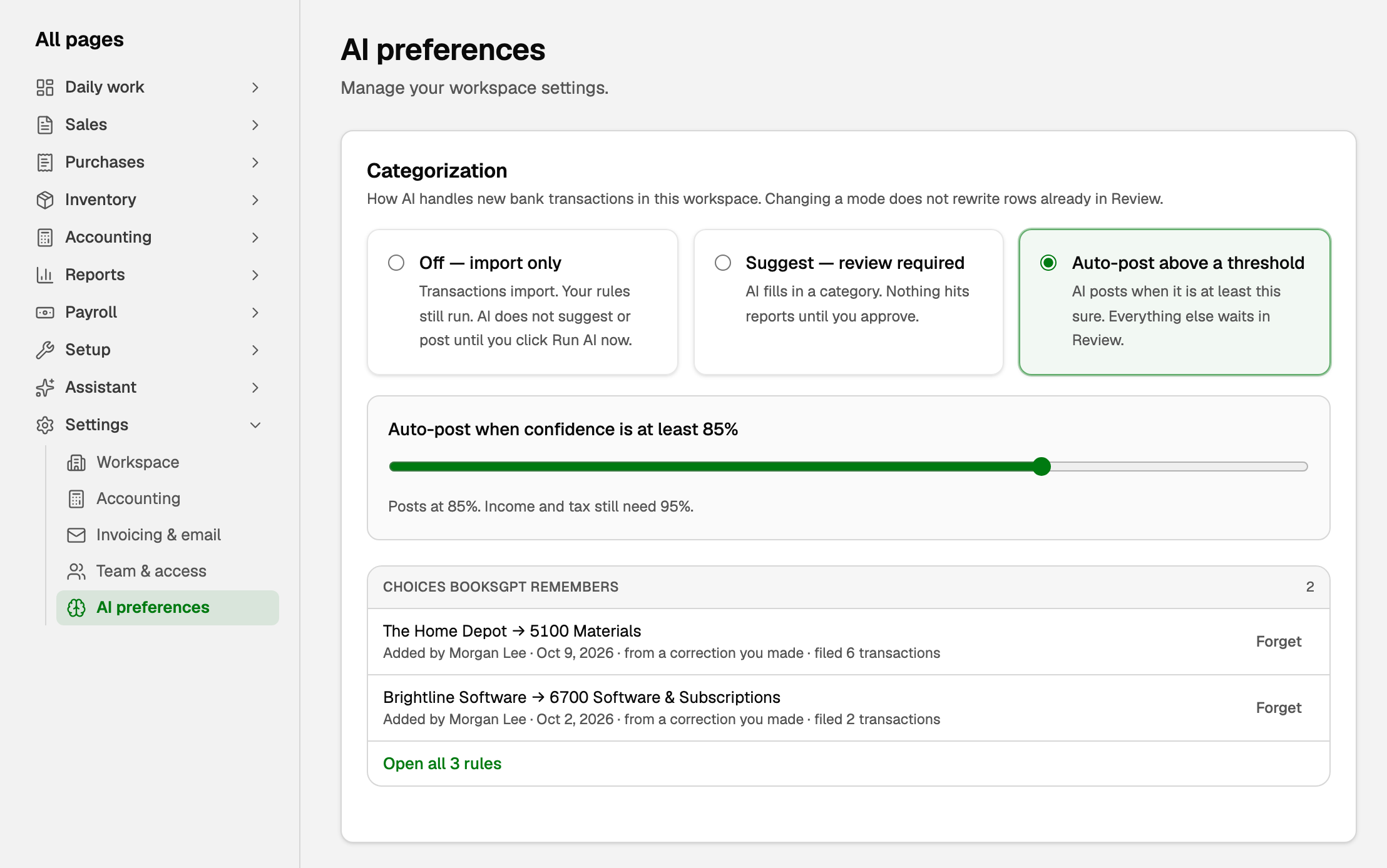 Settings, AI preferences: the Categorization card with Auto-post above a threshold chosen and its slider at 85%