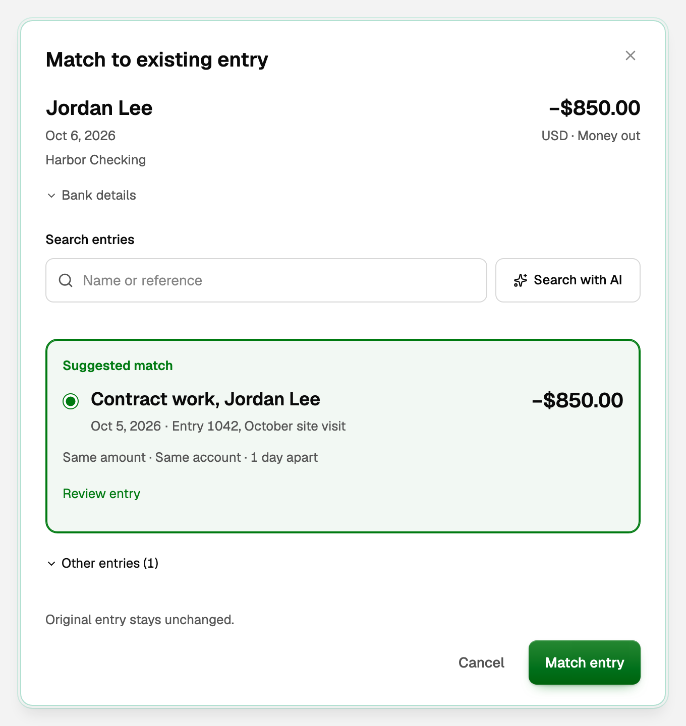 Match to existing entry for an $850.00 payment to Jordan Lee: the Suggested match, Contract work, Jordan Lee, is selected and Match entry is ready