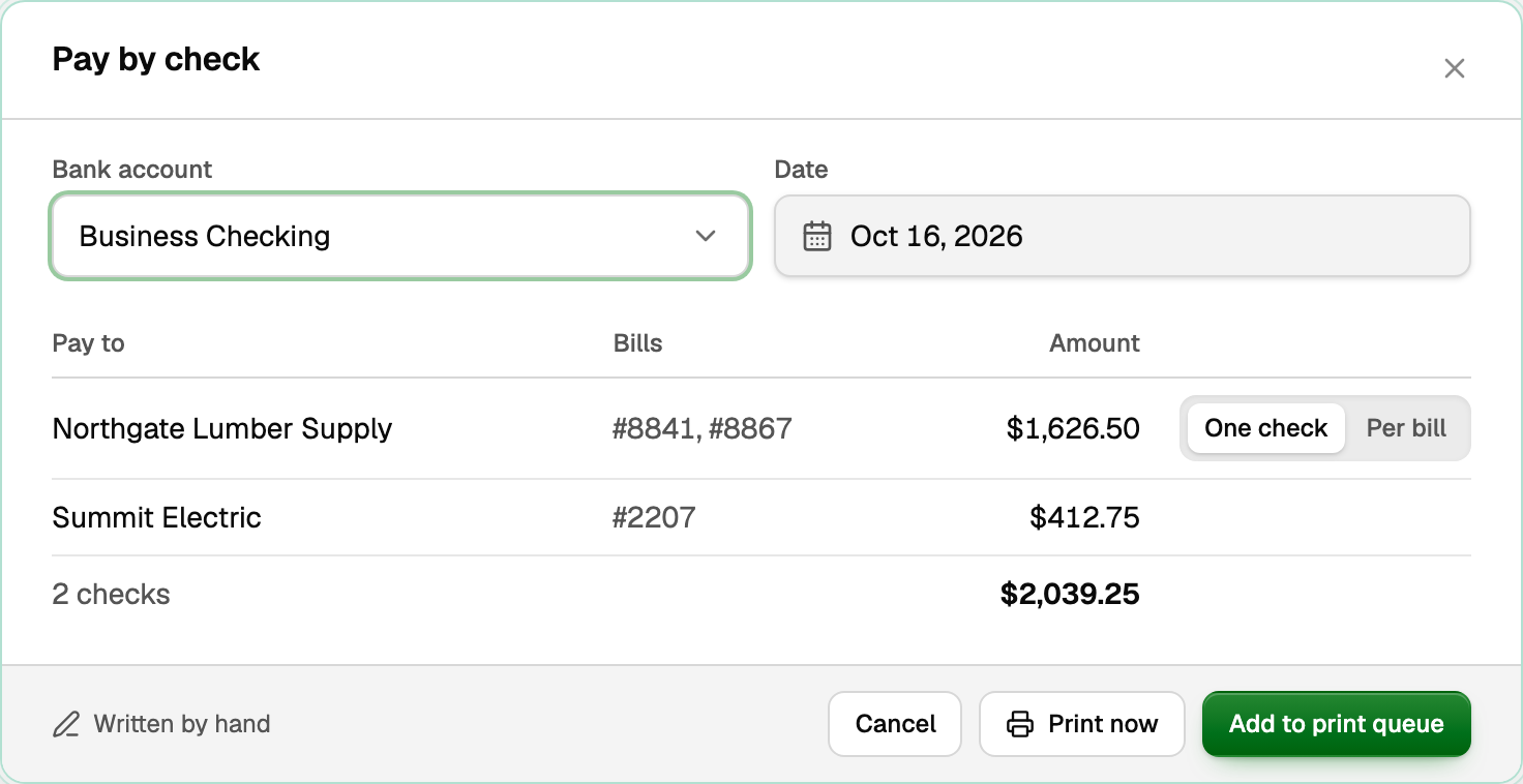 Pay by check: one check to Northgate Lumber Supply for two bills, one to Summit Electric