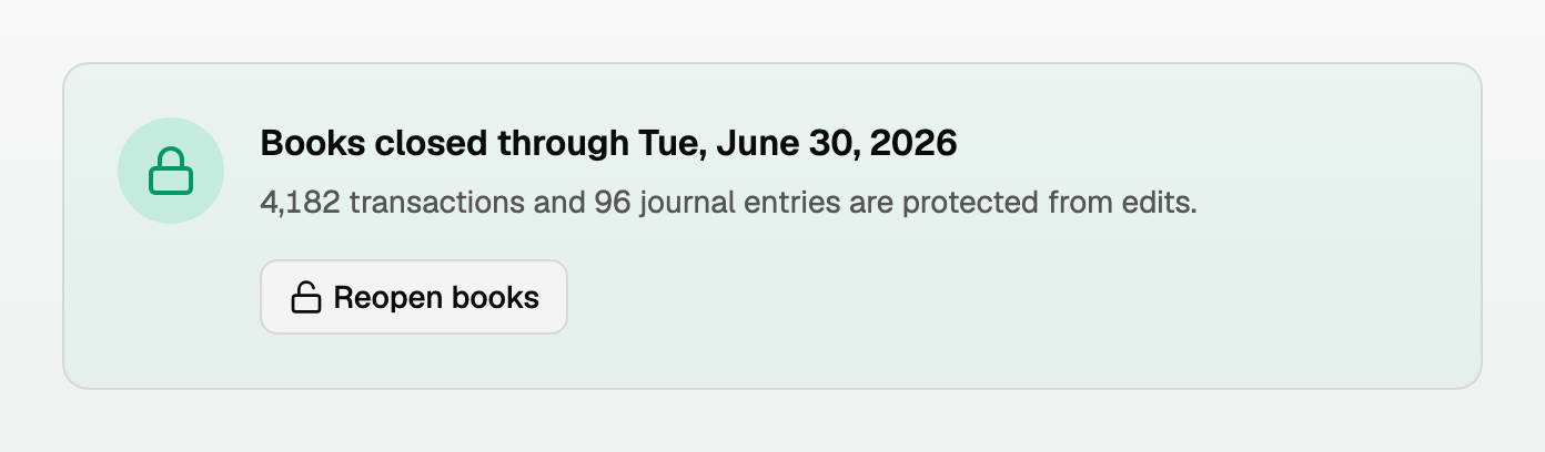 Books closed through a date, showing how many transactions and journal entries are locked