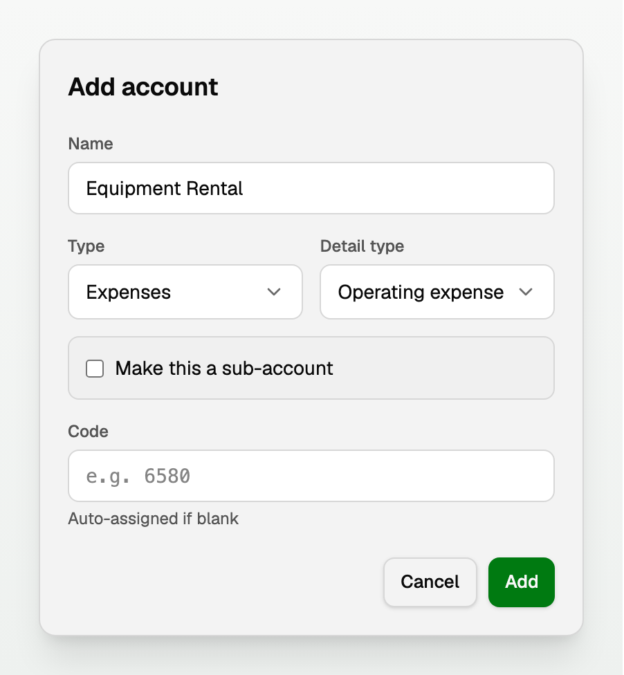The Add account form with Name, Type, Detail type and Code