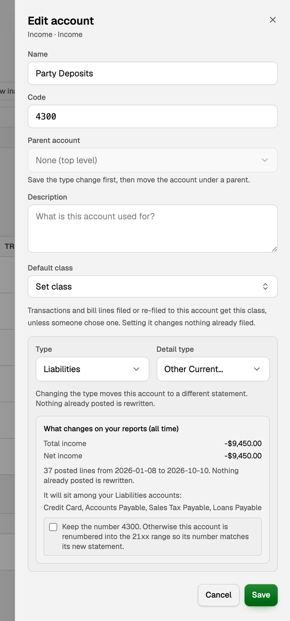 Edit account moving Party Deposits to Liabilities, with the report preview