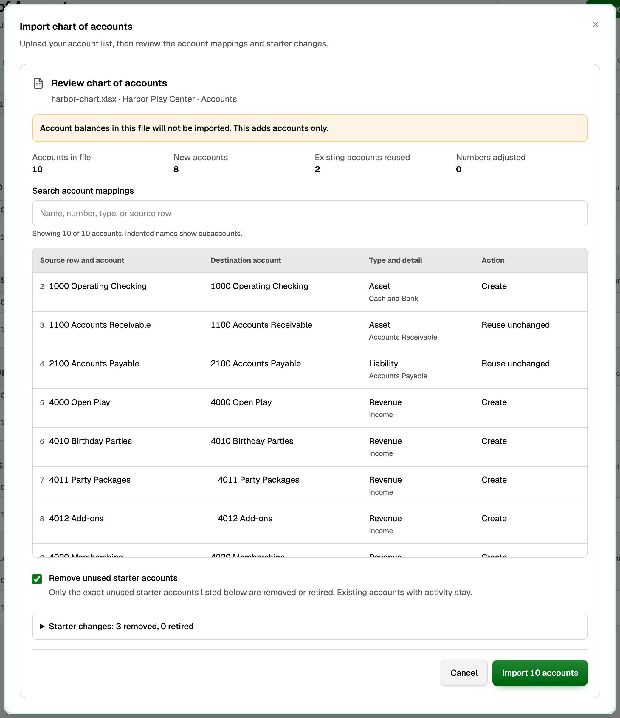 Review chart of accounts for an uploaded spreadsheet