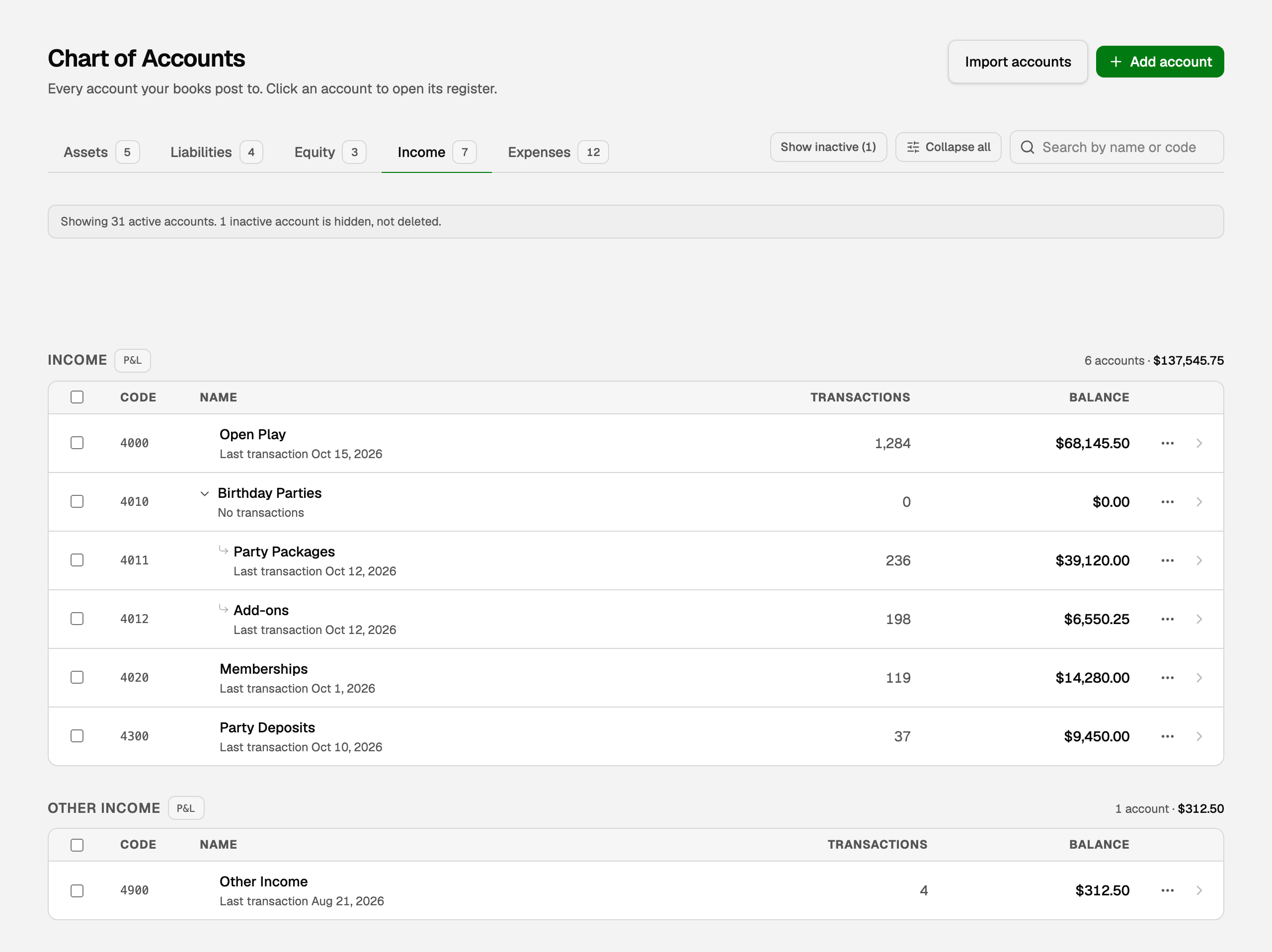The Chart of Accounts page on the Income tab, with Add account at the top