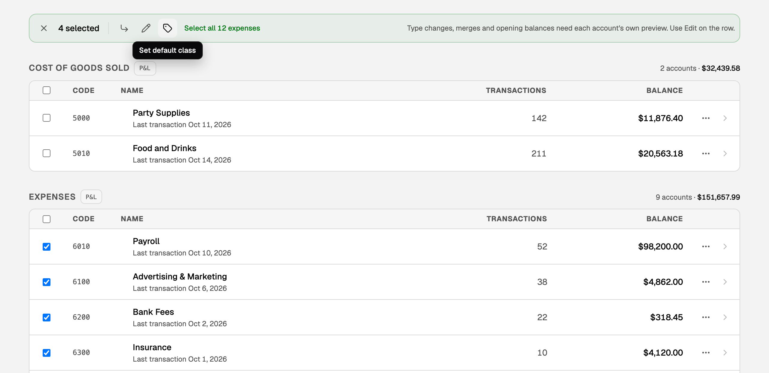 Four expense accounts ticked, with the icons on the bar above the list