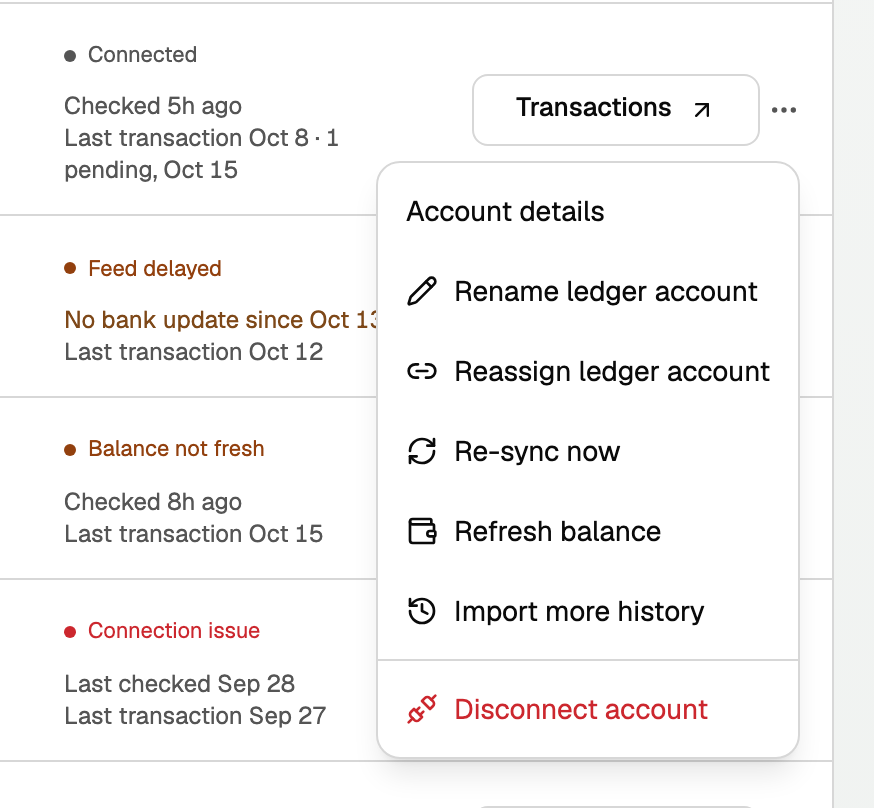 The three dots menu on a Banking row