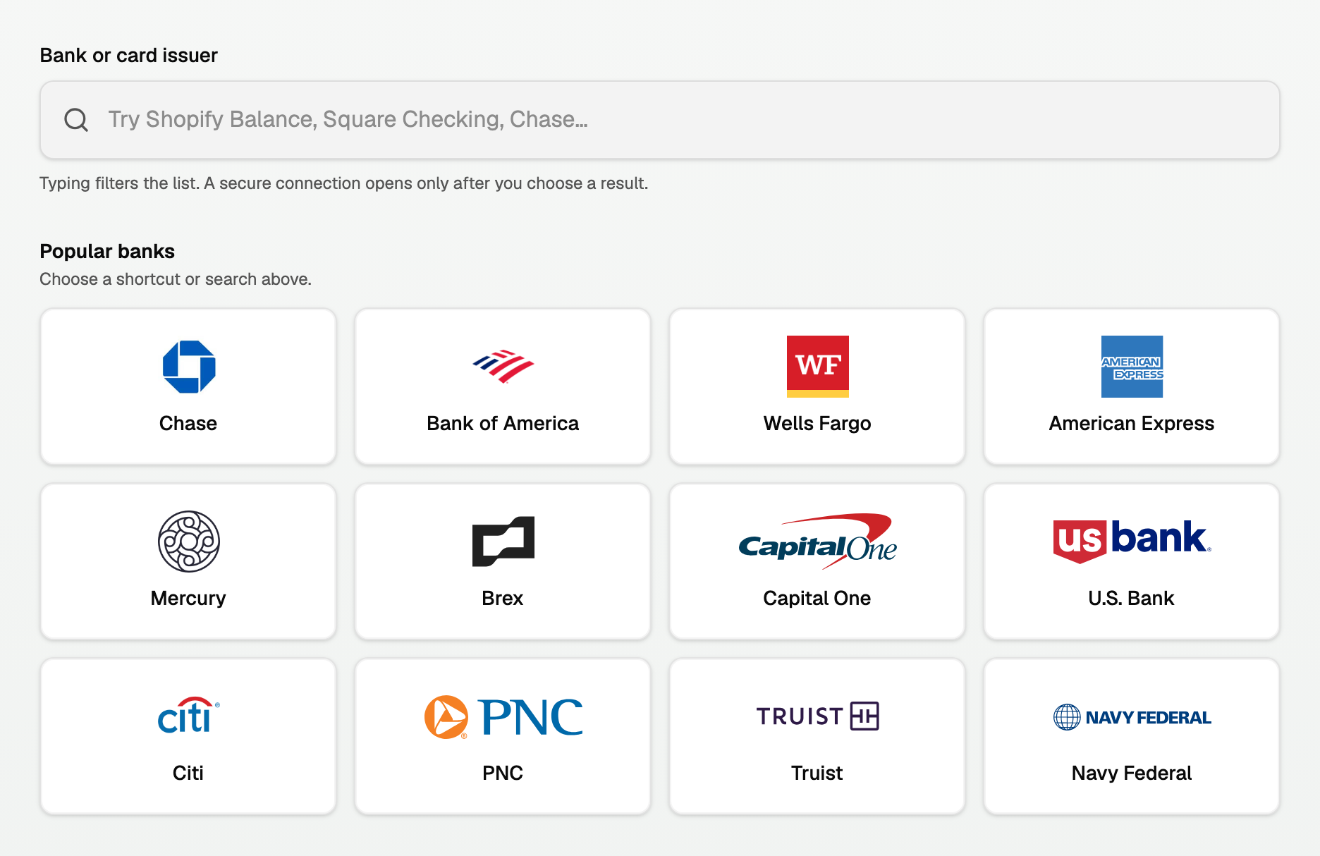 The Connect a bank page: the Bank or card issuer search box and the Popular banks shortcuts