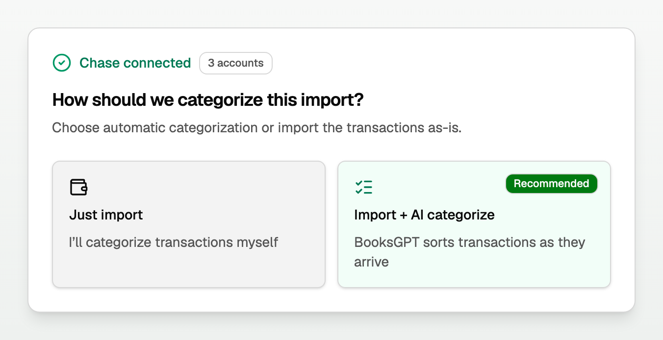 Choosing between Just import and Import + AI categorize after a bank connects