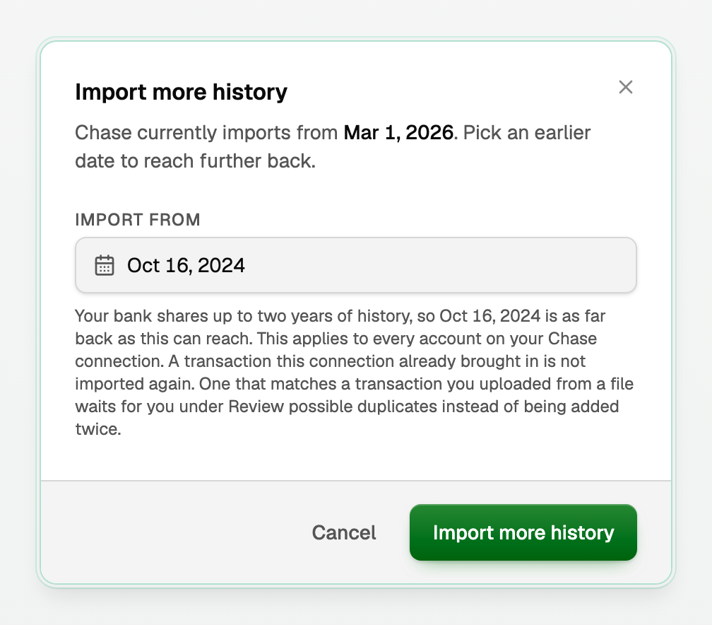 The Import more history dialog with its Import from date