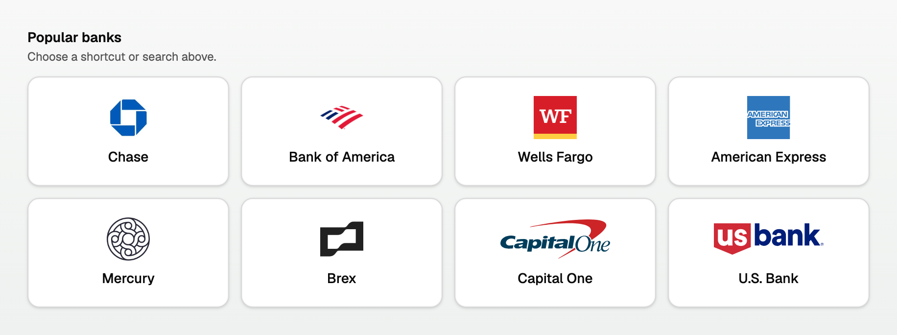 The Popular banks shortcuts on the Connect a bank page