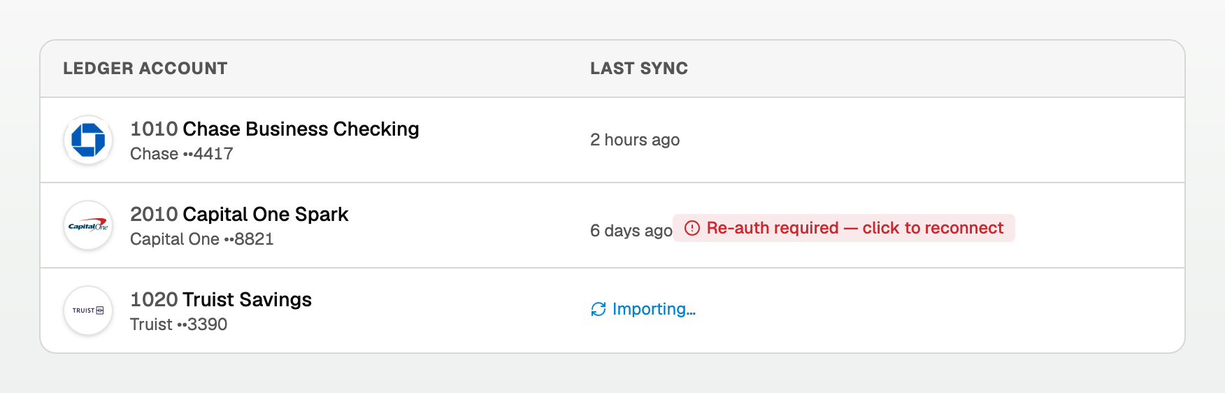 Connected accounts showing a healthy account, one needing re-auth, and one still importing