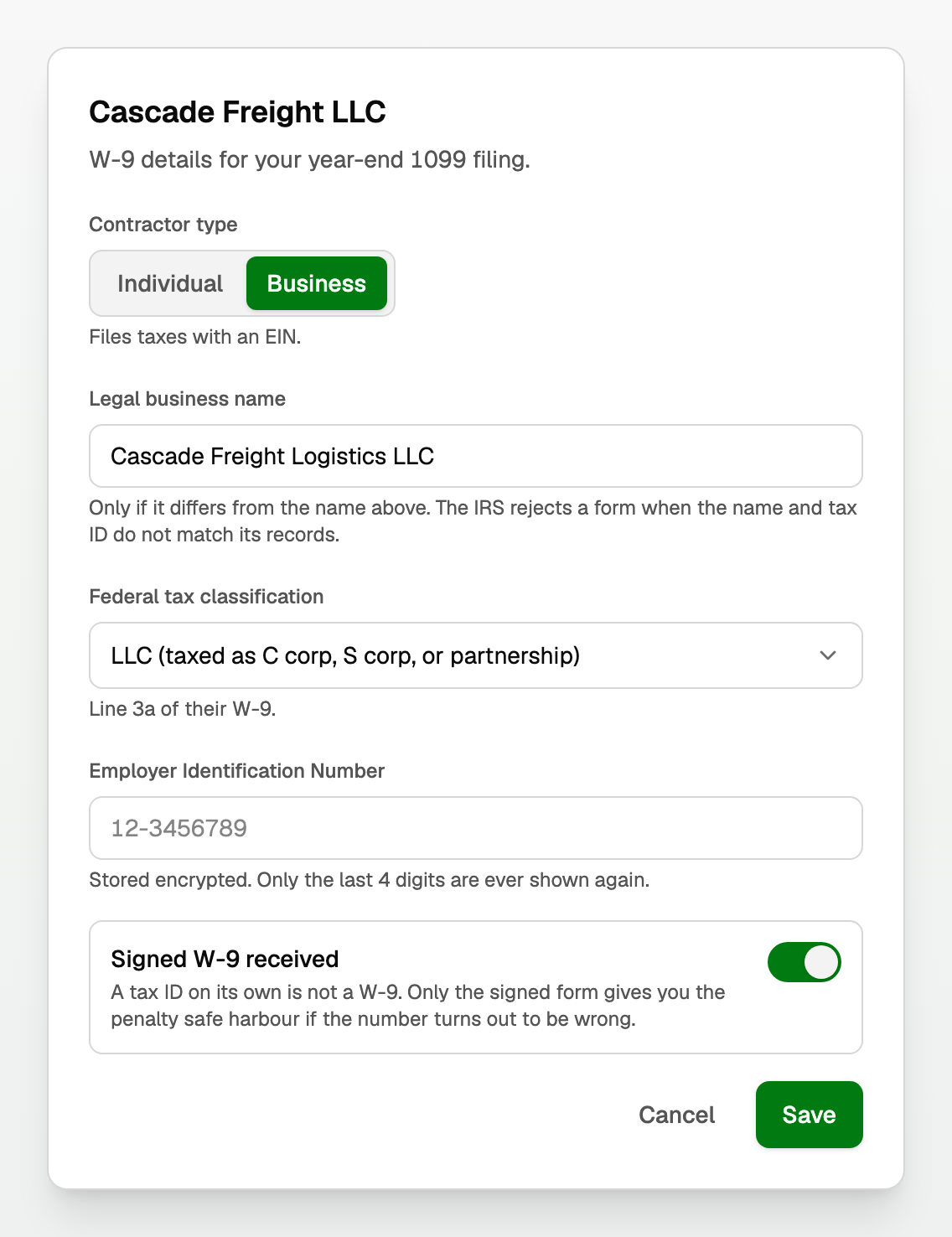The W-9 details drawer with Contractor type, Legal name, tax ID and the Signed W-9 received switch