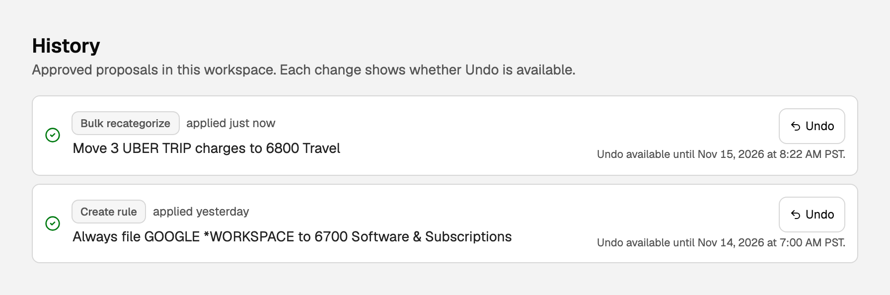 History with two applied changes, each with Undo and the date its undo is available until