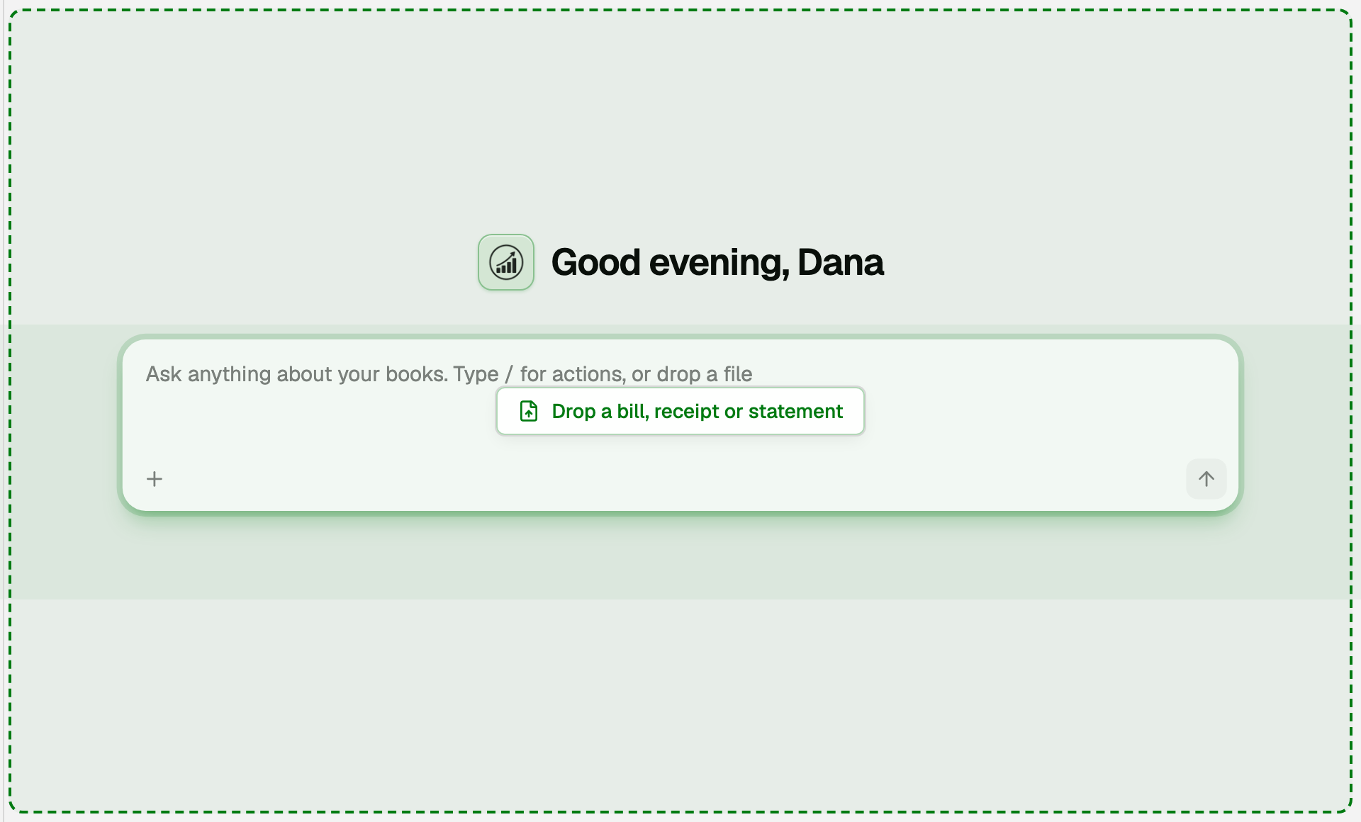 The chat with a file held over it: a green dashed frame around the chat, the ask box glowing, and the label Drop a bill, receipt or statement