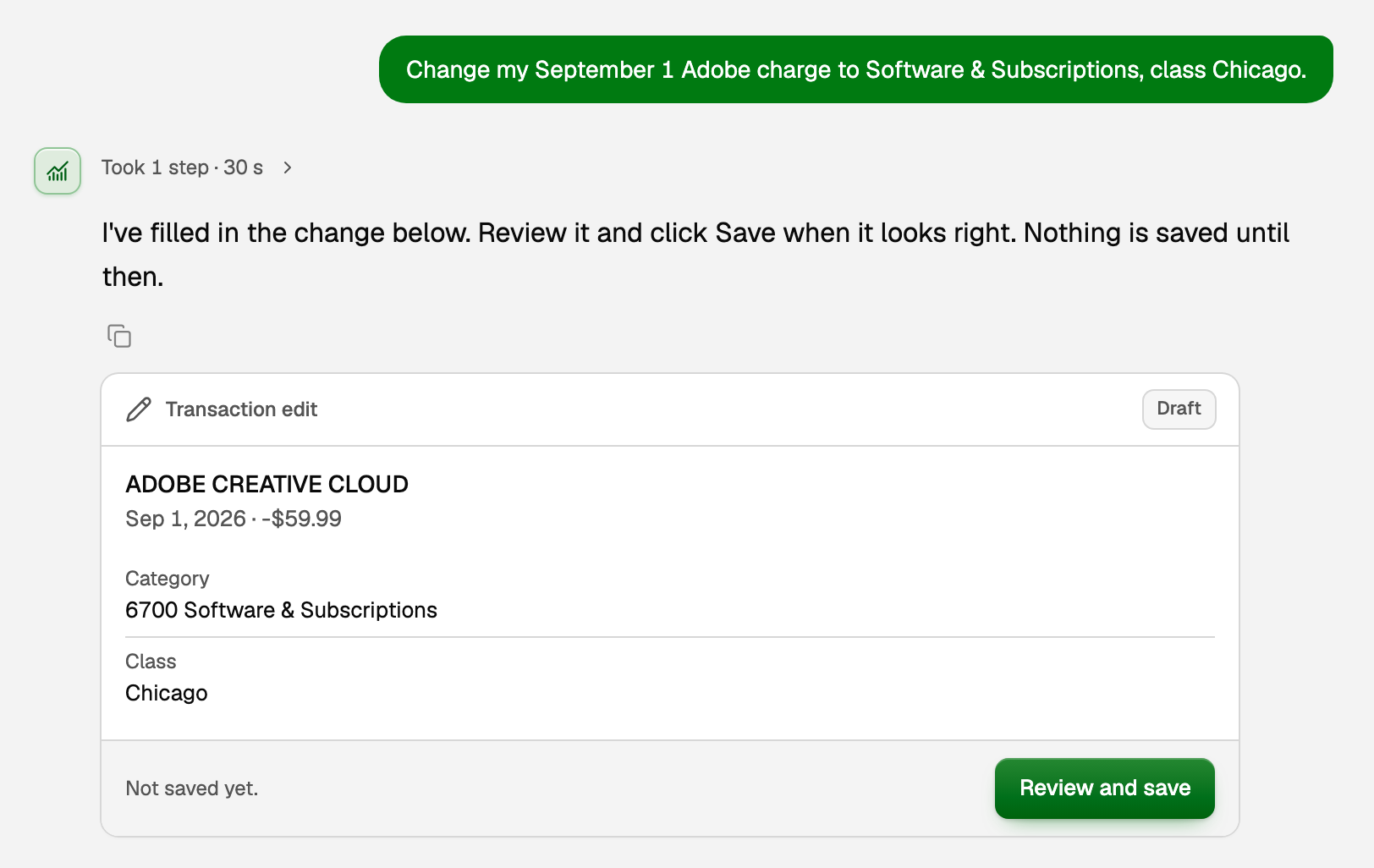 A Transaction edit card in the chat for ADOBE CREATIVE CLOUD, tagged Draft, with Category Software & Subscriptions, Class Chicago, and Review and save