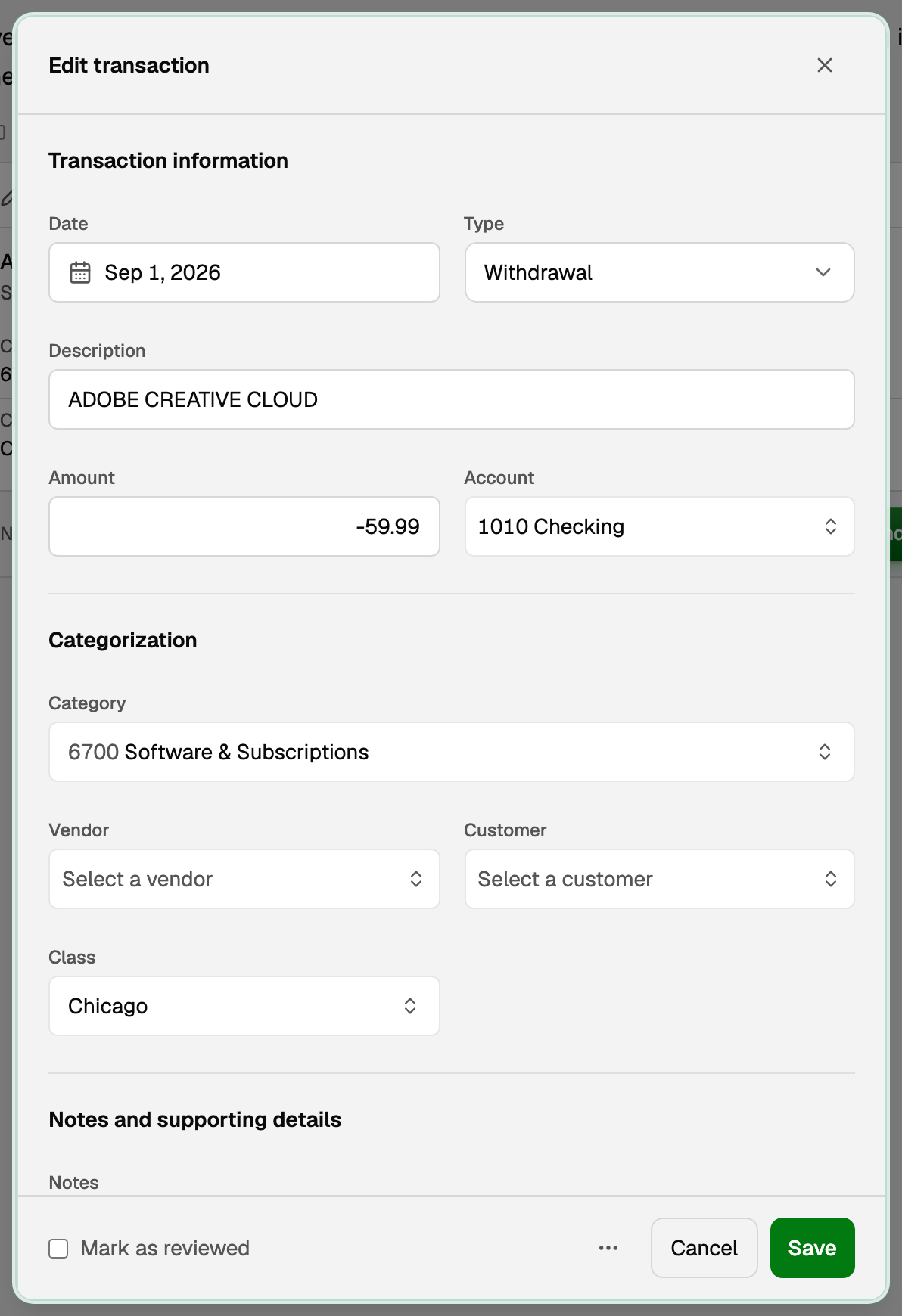 The transaction open over the chat with the category and class filled in, Mark as reviewed, and Save