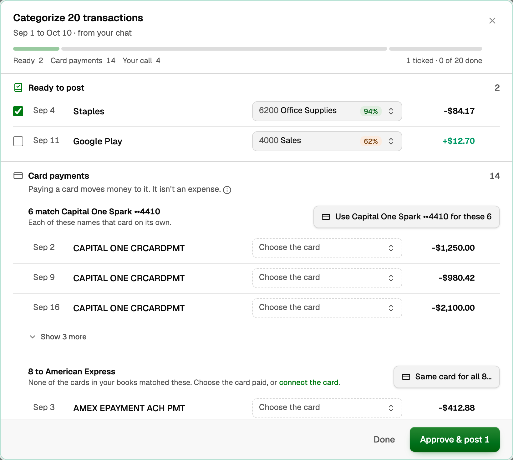 The Categorize 20 transactions pop-up: Staples at 94% ticked, Google Play at 62% unticked, Card payments, and Approve & post 1