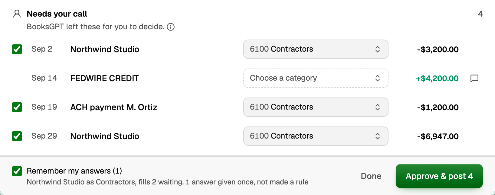 Needs your call: Northwind Studio twice and M. Ortiz set to Contractors, the FEDWIRE CREDIT deposit left open, and Remember my answers (1)