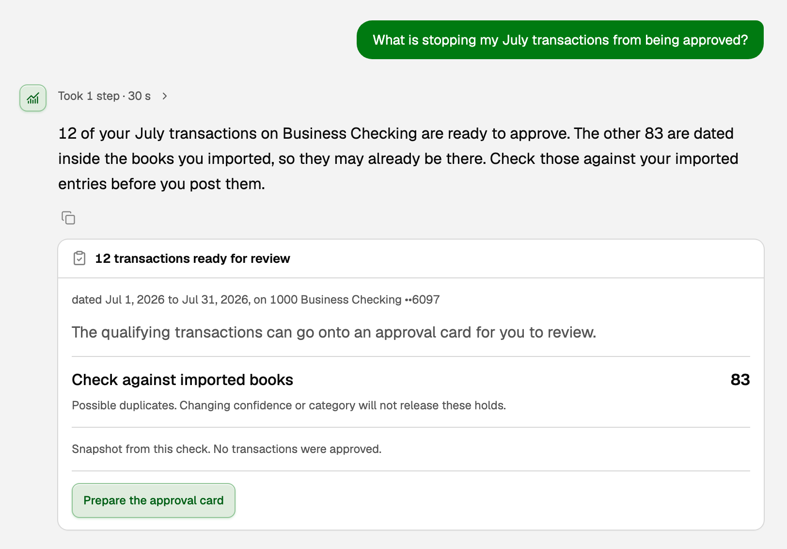 A To Review status card: 12 transactions ready, 83 to check against imported books, and Prepare the approval card