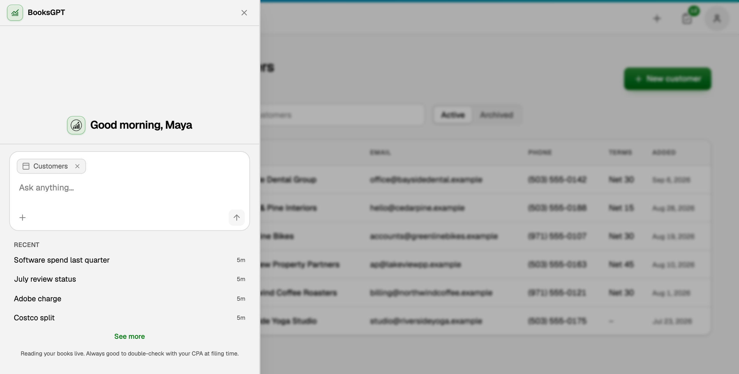 Copilot open over the Customers page, with the Customers chip in the message box and recent chats under it